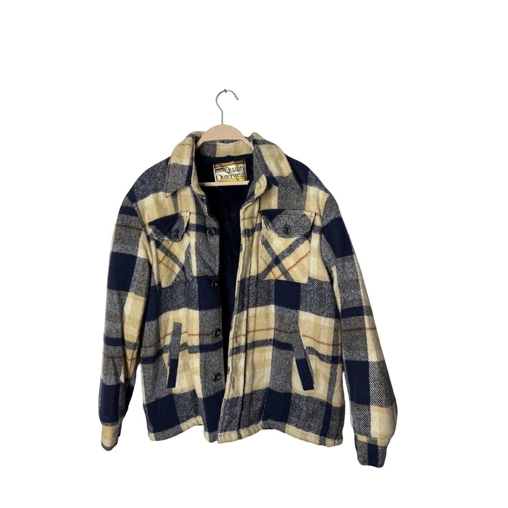 Vintage Mens Jacket Montgomery Ward‎ Tan Navy Flannel Plaid Sherpa Fur Lined
